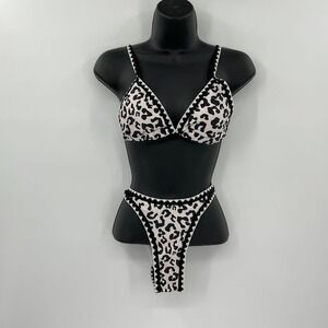 Bikinx‎ Leopard Print Bikini Set Black White Zigzag Trim Triangle Top Small NEW